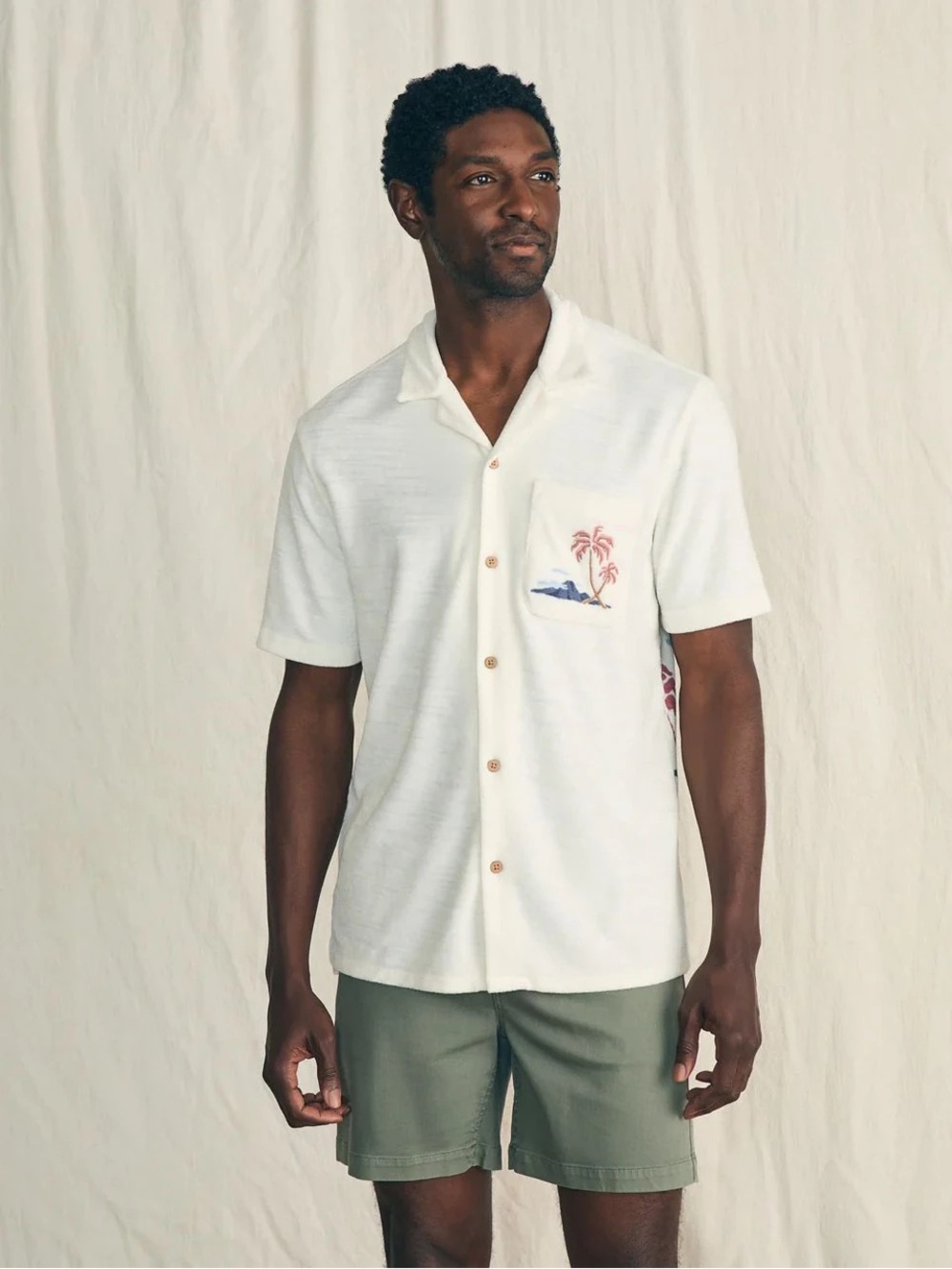 Faherty Men's Cabana Towel Terry Button Down Tee Tropical Print Size M